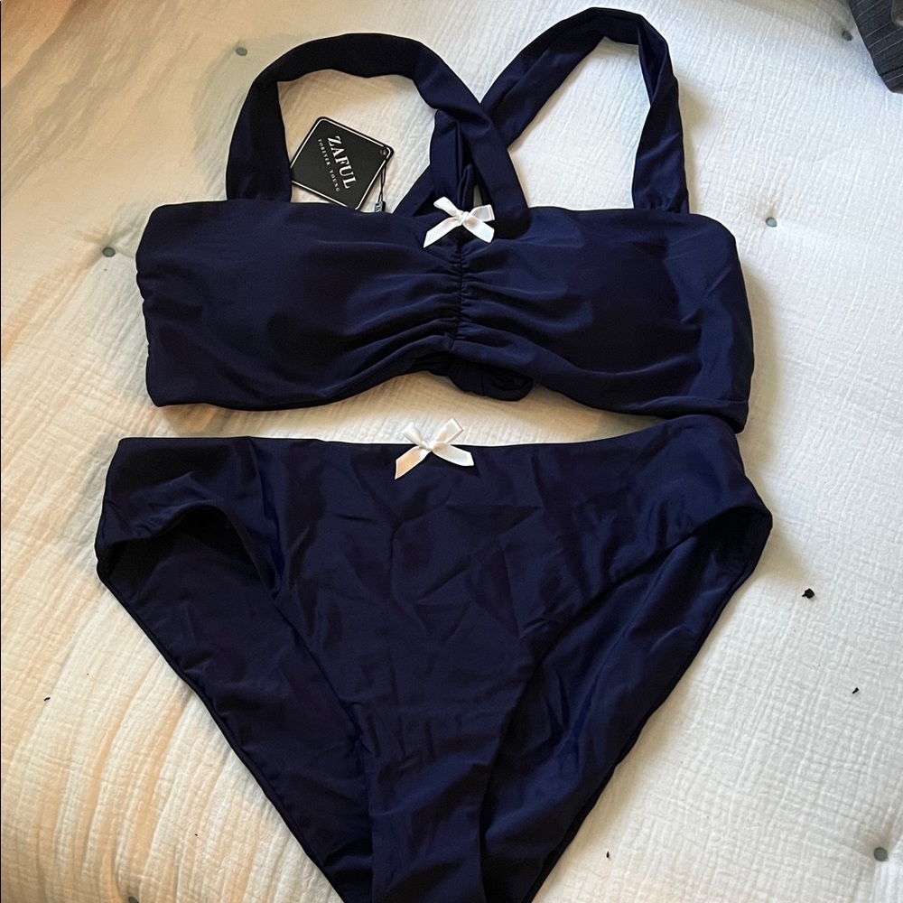 Zaful Deep Blue Bikini with White ribbon Accent size XL